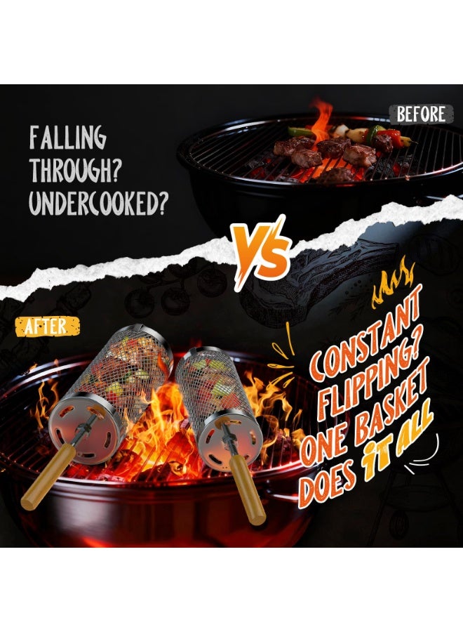 هومستر سلة شواء مزودة بمقابض خشبية قابلة للإزالة، سلة شواء خارجية لشواء اللحم والخضروات، حاوية تحميص معدنية غير قابلة للصدأ، أداة شواء للخضروات والجمبري والأسماك واللحوم، مثالية للتجول في المخيمات وهدية لأبي/زوجي/رجل، 35×9.5 سم - Image 4